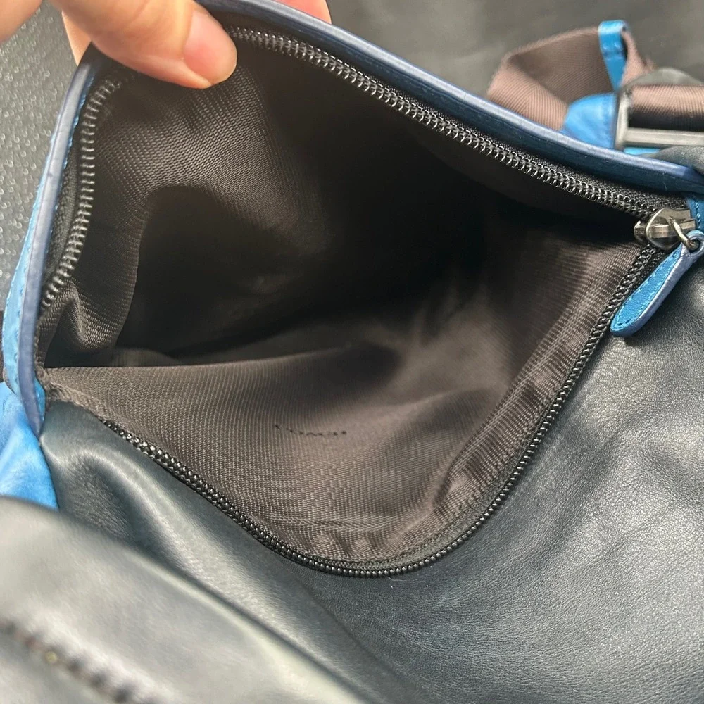 Coach Manhattan Leather Backpack Black Blue Colorblock Buckle Drawstring Bag